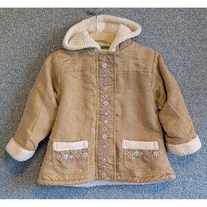 Brown Sherpa Embroidered Floral Cottagecore Full Zip Hooded Jacket Size 18M